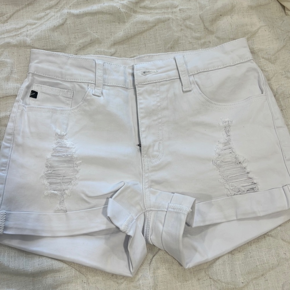 White denim shorts - distressed - never worn - size 5 - stretchy